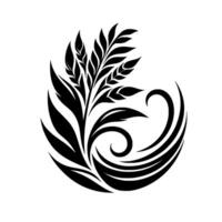 Black and white minimalist floral featuring leaves and flowing lines within a circular composition. vector