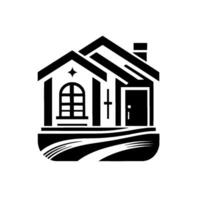 Stylized black and white of a whimsical house with multiple gables, chimney, arched window, and a road base. vector