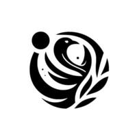 Symbolic black and white minimalist featuring a stylized bird within a circular composition, embodying nature. vector