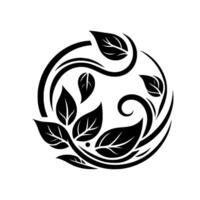 Circular black and white stylized botanical emblem featuring overlapping leaves and curling stems, isolated on a white background. vector