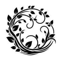 Ornate circular featuring stylized black leaves and vines on a white background, creating a symmetrical floral pattern. vector
