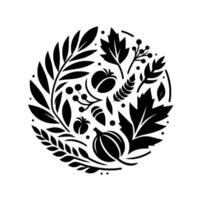 Black White Stylized Circular Botanical Arrangement featuring Leaves, Berries, Tomatoes, and Pumpkins on White Background. vector