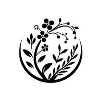 Stylized black floral within a white circular frame, featuring leaves, blossoms and berries, creating a balanced, elegant, and minimalist aesthetic. vector