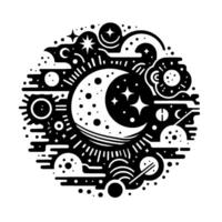 Stylized celestial sphere illustration featuring a crescent moon, stars, sun, clouds, planets, and dots, rendered in bold black and white. vector