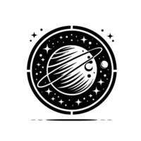 Intricate Black and White Circular A Stylized Planet with Rings, Moon, and Surrounding Stars in a Cosmic . vector
