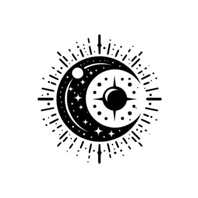 Celestial Emblem A stylized black and white illustration depicting a crescent moon interwoven with a star, surrounded by radiating bursts of light.