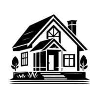 style illustration of a quaint cottage with a chimney, front porch, windows, and decorative foliage, in monochrome. vector
