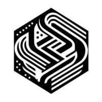 Geometric Hexagonal Black and white interwoven lines and curves within a hexagon, with shadow effect and minimalist dots. vector