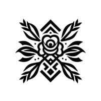 Symmetrical Black and White Floral Geometric Featuring a Rose and Leaf Motif on White Background. vector