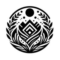 Ornate Black and White Circular Emblem Featuring Mountainous Symbolism, Floral Elements, Celestial Bodies, and a Geometric Center. vector