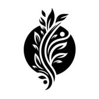 Elegant monochrome depicting a stylized plant with leaves and graceful curved lines emerging from a black circular background with two white dots, symbolizing growth and balance. vector