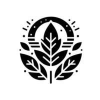 Abstract black and white minimalist featuring stylized leaves with a circular and linear element, and surrounding dots. vector
