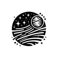 Black and white minimalist space illustration of a planet with ring lines, stars, and a circular planetlike element, set in a cosmic sphere. vector