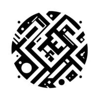 Abstract geometric in a circle, with intricate black and white patterns, suggesting a complex mazelike structure with contrasting shapes and dots. vector