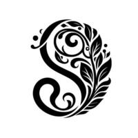Elegant, Floral S Monogram in Black and White, Adorned with Leaves, Curls, and Dots, on a Clean, Minimalist Background. vector