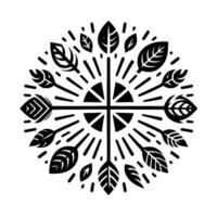 Symbolic Circular Botanical Illustration A symmetrical featuring stylized leaves radiating from a central geometric sunburst pattern. vector