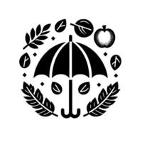Black and White Emblem of Autumn Umbrella at Center, Surrounded by Leaves, Apple, and Foliage, Representing the Season. vector