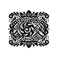 Ornate Black and White Symmetric Central Spiral with Geometric Shapes, Leaves, and Swirls Against White Backdrop vector