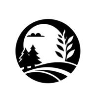 A monochromatic emblem of a rural landscape within a circular frame, featuring pine trees, fields, foliage and clouds. vector