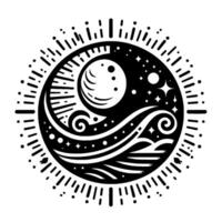 Stylized Black and White Circular Yin Yang Symbol Depicting Moon, Stars, and Water with Sunburst Border. vector