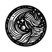 Abstract black and white circular featuring swirling lines, celestial bodies, stars, and moonlike shapes within a decorative border. vector