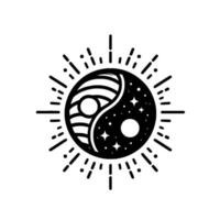 Black and white yinyang cosmic with sunburst, striped and starry elements, depicting balance. vector