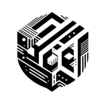 Abstract Black and White Geometric Hexagon, Featuring Lines, Dots, and Geometric Shapes in a Modern, Minimalist Composition vector