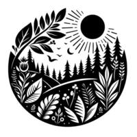 Black White Art Circular Nature Scene with Forest, Sun, Birds, Moon, and Floral Elements in a Botanical Illustration Style. vector