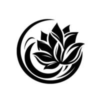 Stylized Black Lotus in Circle with Curving Embellishments on a Textured White Background, Ideal for Branding. vector