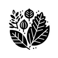 Botanical Illustration A stylized black and white arrangement of various leaves and sprigs, creating a symmetrical, circular on a white background. vector