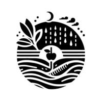 Black and White Circular Illustration of Nighttime Scene Apple, Rain, Leaves, Clouds, and Crescent Moon, in Minimalist Style vector
