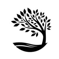 Minimalist Black Silhouette of a Tree with Leaves, Curved Trunk, and Base on White Background, Artistic . vector