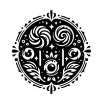 Intricate Black and White Circular Mandala with Swirls, Stars, and Floral Elements, on a White Background. vector