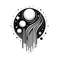Celestial Spheres A monochrome illustration of moons and stars within a cosmic orb with abstract flowing elements. vector