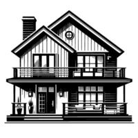 Black and white architectural illustration of a twostory house with a porch, balcony, chimney, and a distinctive round window. vector