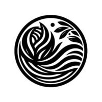 Black and white minimalist emblem showcasing stylized floral and water elements within a circular frame, conveying organic harmony. vector