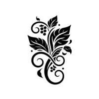Elegant Black and White Floral Motif with Leaves, Berries, and Swirls on a White Background. vector