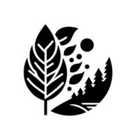 Black and White NatureInspired Large Leaf with Veins, Additional Leaves, Dots, and Trees within a Circle on White. vector