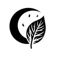 YinYang inspired minimalist with a crescent moon, leaf and three small teardrop shapes, showcasing balance and nature. vector