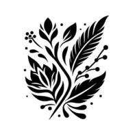 Elegant Black and White Botanical Composition Featuring Leaves, Feathers, Buds, and Berries in a Minimalist, Decorative . vector
