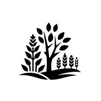 Stylized Black and White Illustration of Varied Plants, Including Wheat, Trees, and Crops, on a Rolling Hill. vector