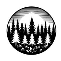 Black and white circular forest illustration featuring silhouetted evergreen trees, foliage, and a striped horizon. vector