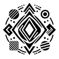 Symmetrical black and white geometric featuring a diamondshaped centerpiece surrounded by various shapes, lines, and patterns. vector