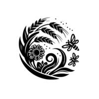 Stylized Black White Circular Featuring Wheat, Flower, Grass, Bees Dots, Symbolizing Natures Harmony. vector