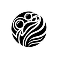 Abstract Circular in Monochrome Featuring Stylized Eyes and Striped, Leaflike Forms on a White Background. vector