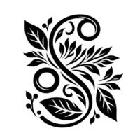 Ornate Black and White Floral Scroll with Leaves, Berries, and Circular Elements in a Symmetrical Arrangement. vector