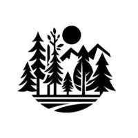 A stylized black and white illustration of a mountain landscape, with a sun, trees, and mountains within a circular on a textured white backdrop. vector