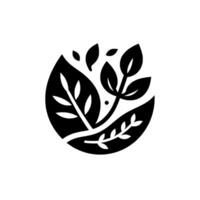 Simplified monochrome botanical featuring stylized leaves, branches, and a circular composition evoking growth and organic harmony. vector