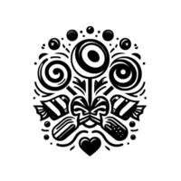 Whimsical Black and White Candy Composition Featuring Lollipops, Sweets, a Heart, and Ornate Details Forming a Circular . vector