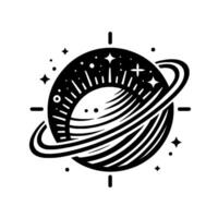 Intricate Black and White Celestial Illustration Featuring a Ringed Planet, Stars, and Geometric Elements for Cosmic . vector